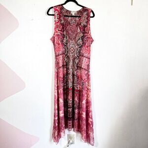 World Unity Midi Dress Sz Large Pink Southwest Embellished Boho Western